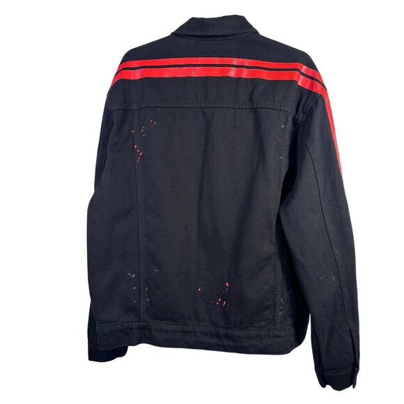 Fashion Nova VANCE Men Black Denim Jacket Red Striped Sleeves Splatter Large NWT - Picture 2 of 7